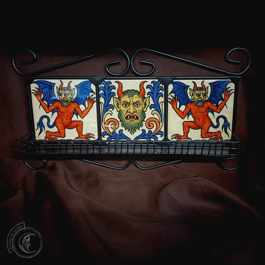 Black iron shelf with 3 medieval demon tiles