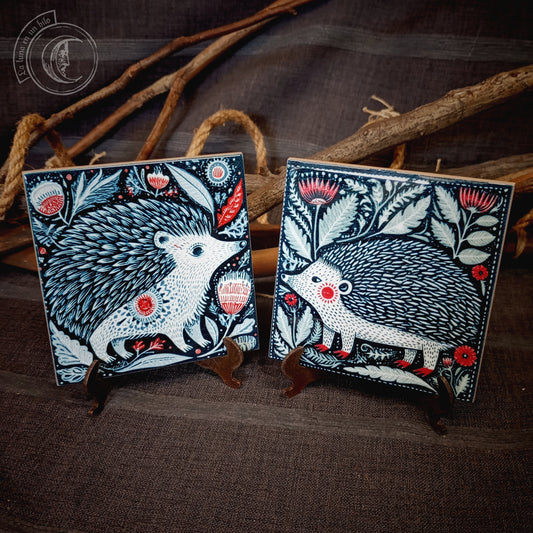 2x Scandinavian Folk Art Hedgehog Ceramic Tiles