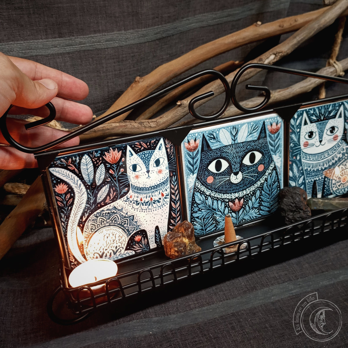 Wandregal Skandinavische Katzen Volkskunst | Schmiedeeisen Altar