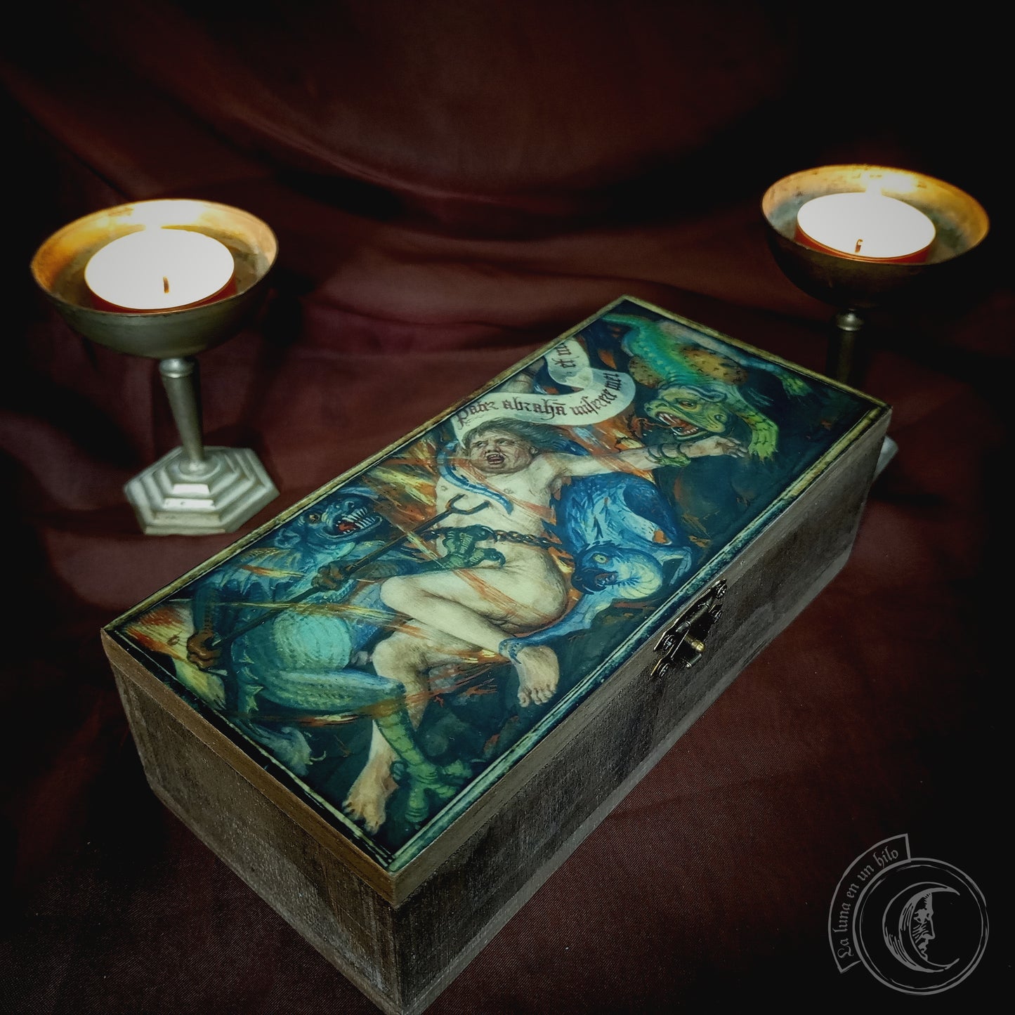 Mittelalterliche Höllenkunst Holzbox – Seele des Lazarus und Dämonen –