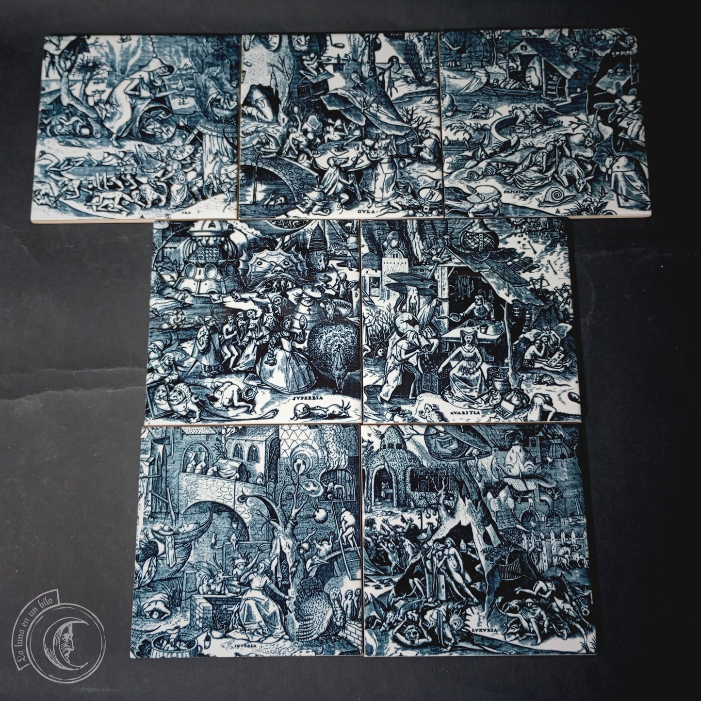 Set de 7 azulejos decorativos - Pieter Brueghel, Pecados Capitales