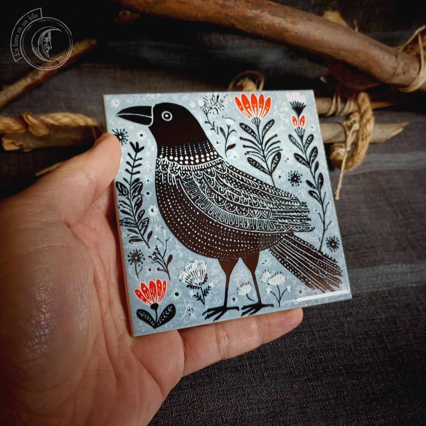 Cuervo arte folk escandinavo - Azulejo cerámico decorativo