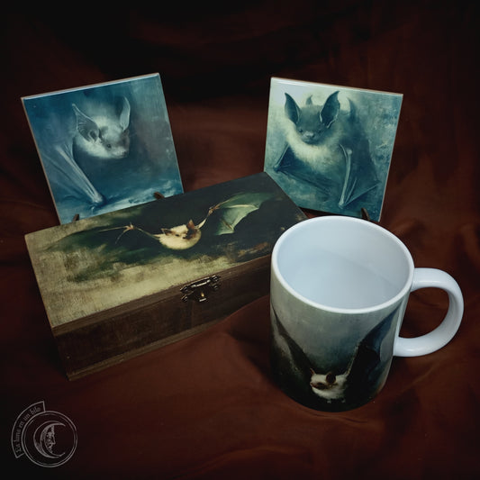 Bat Lovers Decor Gift Set: Goth Mug, 2 Ceramic Tiles, & Wooden Box