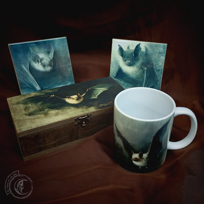 Bat Lovers Decor Gift Set: Goth Mug, 2 Ceramic Tiles, & Wooden Box