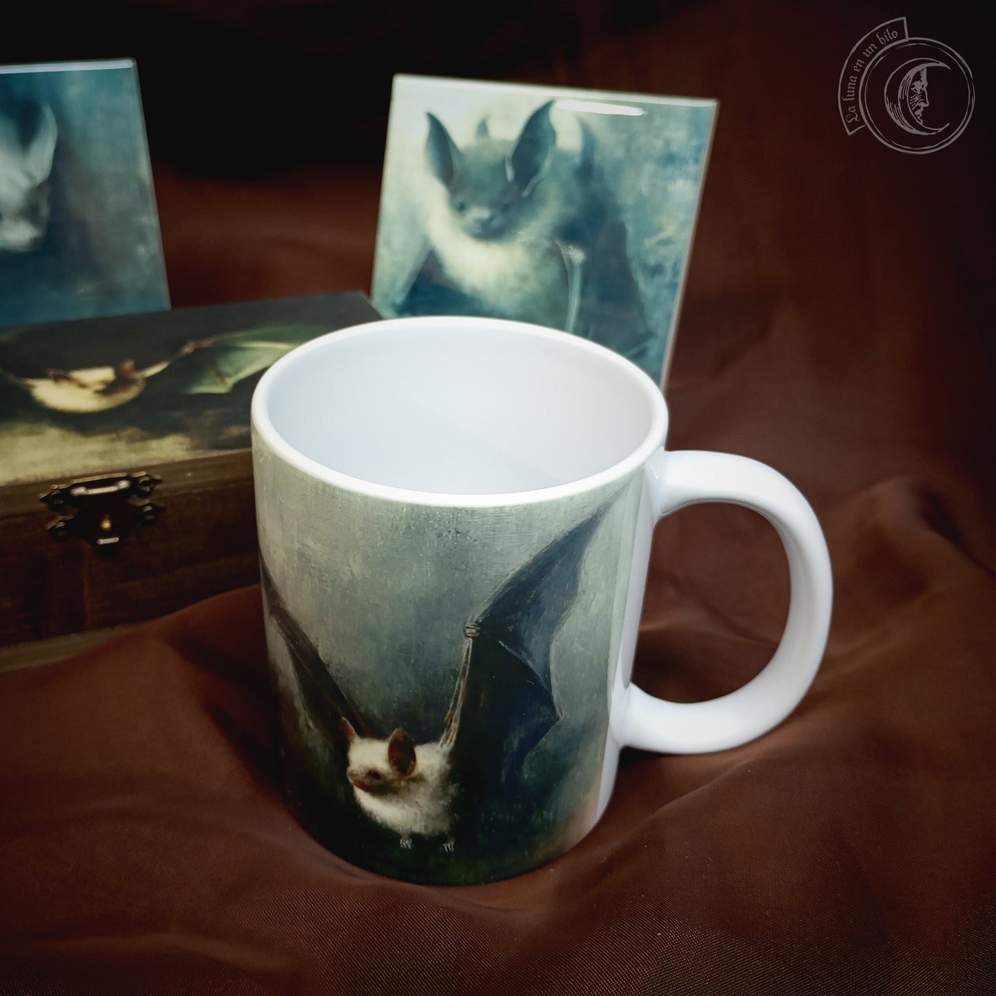 Bat Lovers Decor Gift Set: Goth Mug, 2 Ceramic Tiles, & Wooden Box