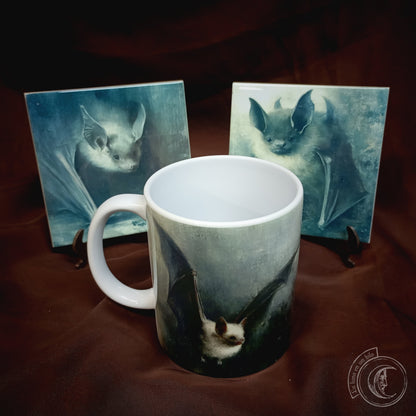 Bat Lovers Decor Gift Set: Goth Mug, 2 Ceramic Tiles, & Wooden Box