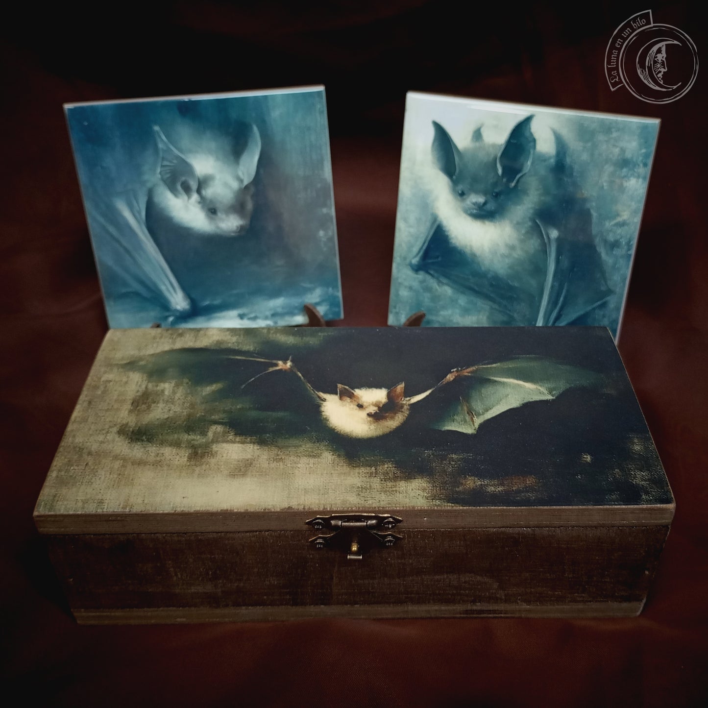 Bat Lovers Decor Gift Set: Goth Mug, 2 Ceramic Tiles, & Wooden Box