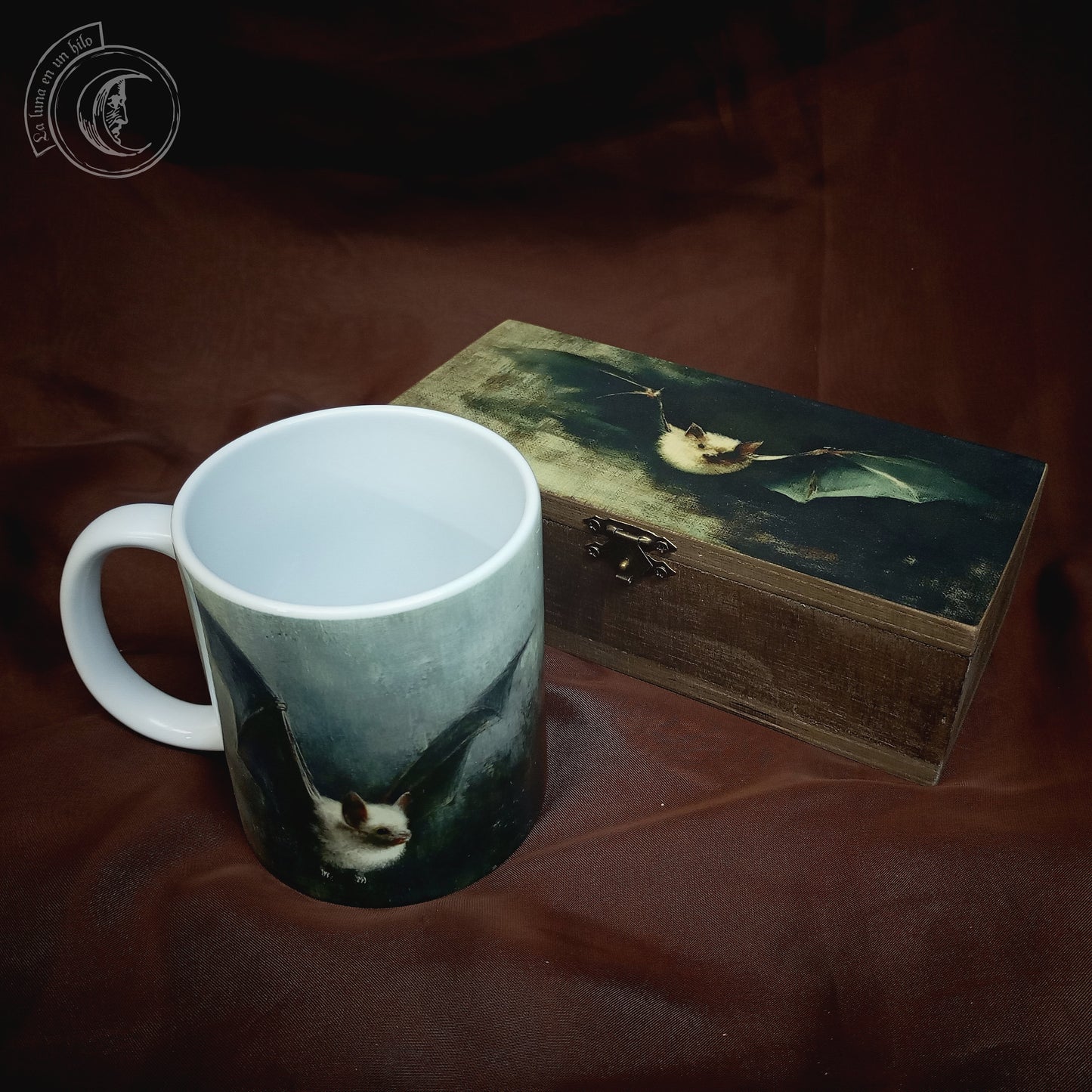 Bat Lovers Decor Gift Set: Goth Mug, 2 Ceramic Tiles, & Wooden Box