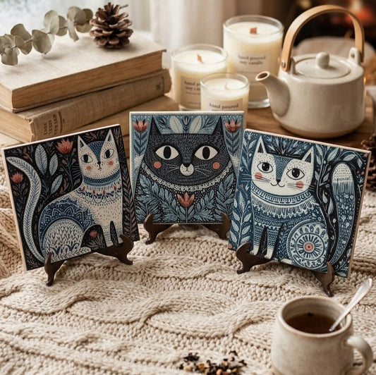 3x Piastrelle in ceramica con gatti in stile folk scandinavo - Decorazioni per la casa Hygge