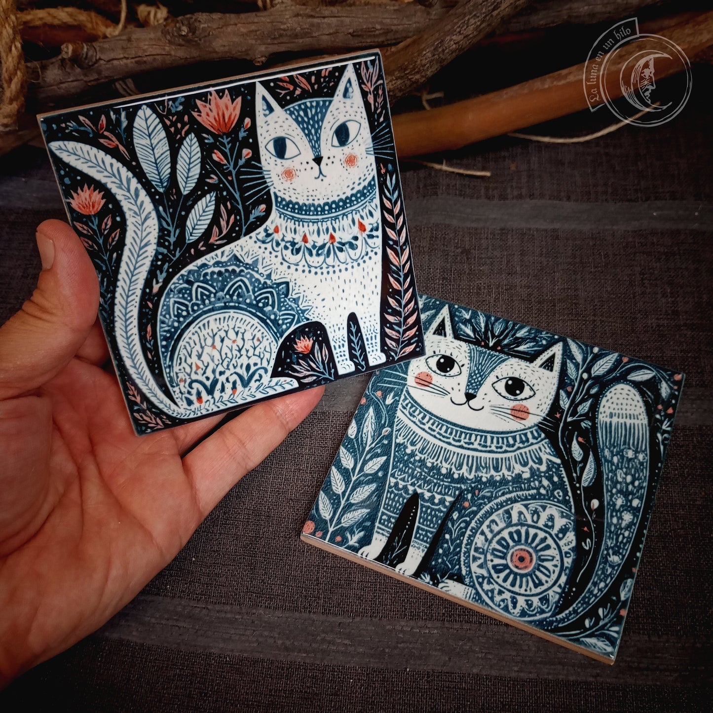 2x Scandinavian Folk Art Cats Ceramic Tiles