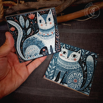 2x Scandinavian Folk Art Cats Ceramic Tiles