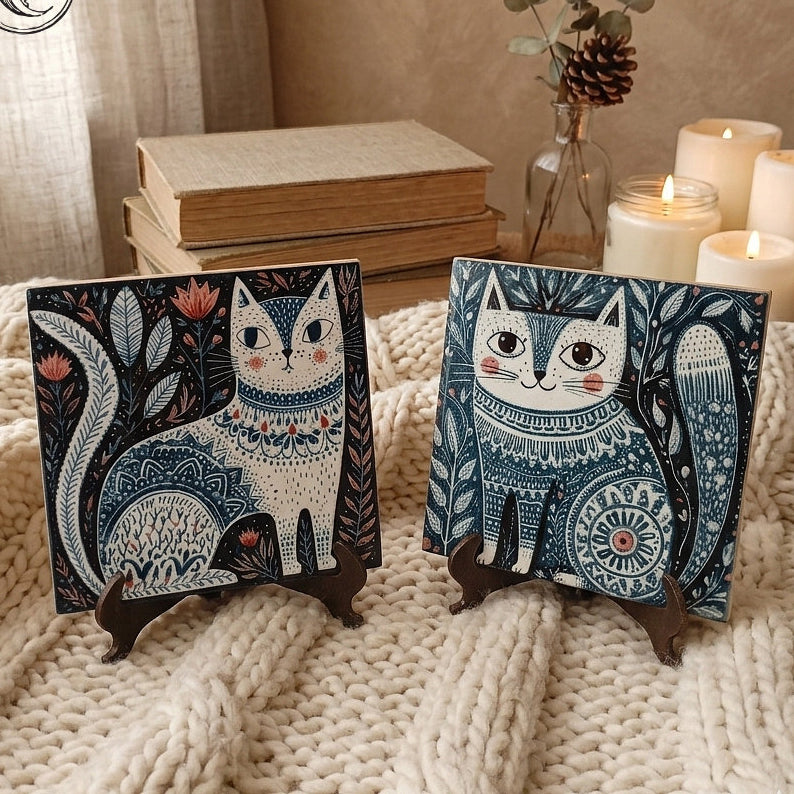 2 piastrelle in ceramica con gatti in stile arte popolare scandinava