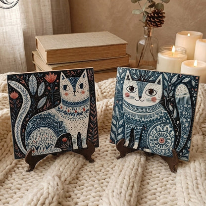 2 piastrelle in ceramica con gatti in stile arte popolare scandinava
