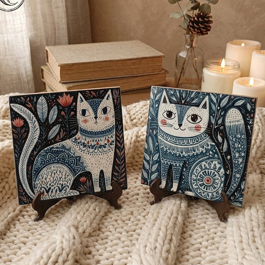 2 piastrelle in ceramica con gatti in stile arte popolare scandinava