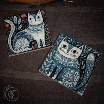 2x Scandinavian Folk Art Cats Ceramic Tiles