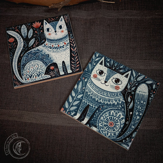 2x Scandinavian Folk Art Cats Ceramic Tiles