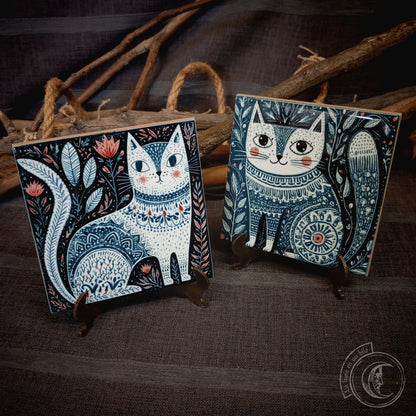 2x Scandinavian Folk Art Cats Ceramic Tiles
