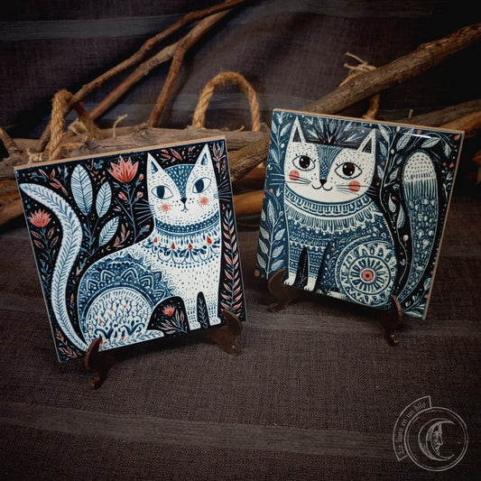 2x Scandinavian Folk Art Cats Ceramic Tiles