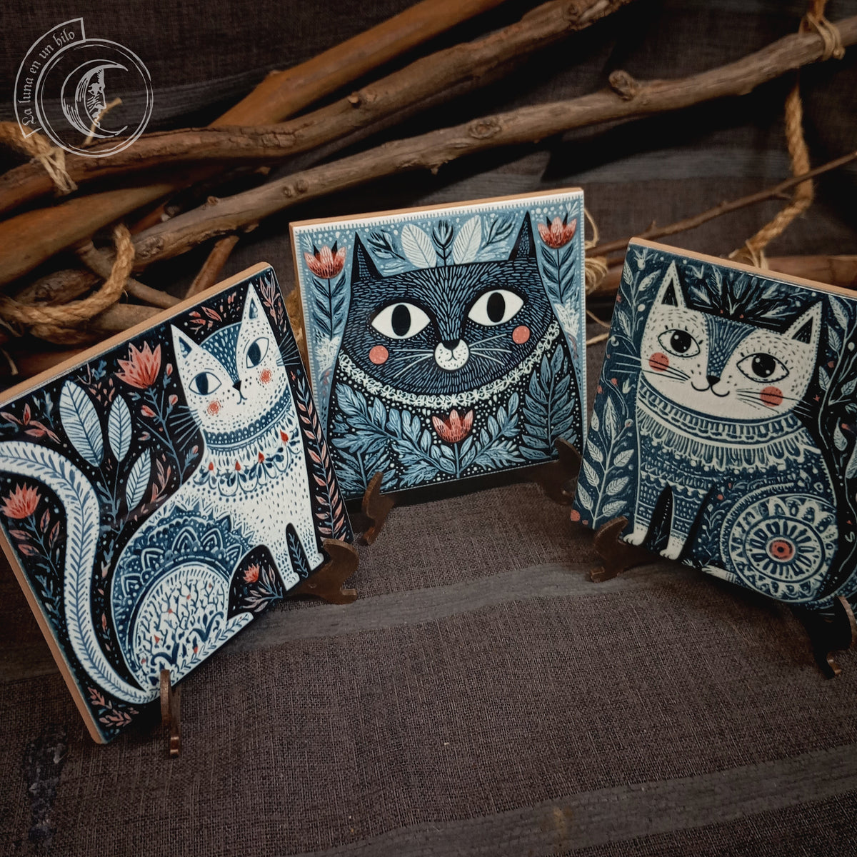 3 Carreaux Céramique Chats Art Populaire Scandinave - Déco Hygge