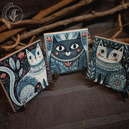 3 Carreaux Céramique Chats Art Populaire Scandinave - Déco Hygge