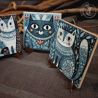 3 Carreaux Céramique Chats Art Populaire Scandinave - Déco Hygge