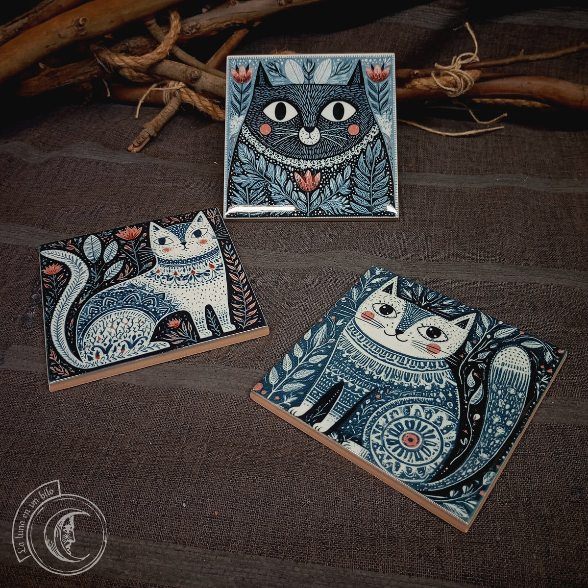 3 Carreaux Céramique Chats Art Populaire Scandinave - Déco Hygge