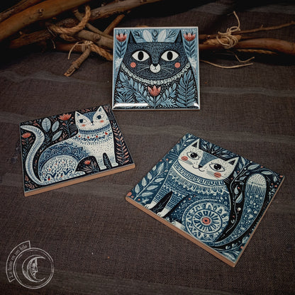 3 Carreaux Céramique Chats Art Populaire Scandinave - Déco Hygge