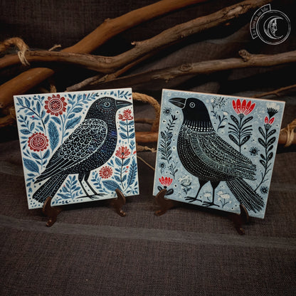 2x Carreaux en Céramique Corbeau et Corneille Art Folklorique Scandinave