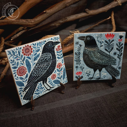 2x Carreaux en Céramique Corbeau et Corneille Art Folklorique Scandinave