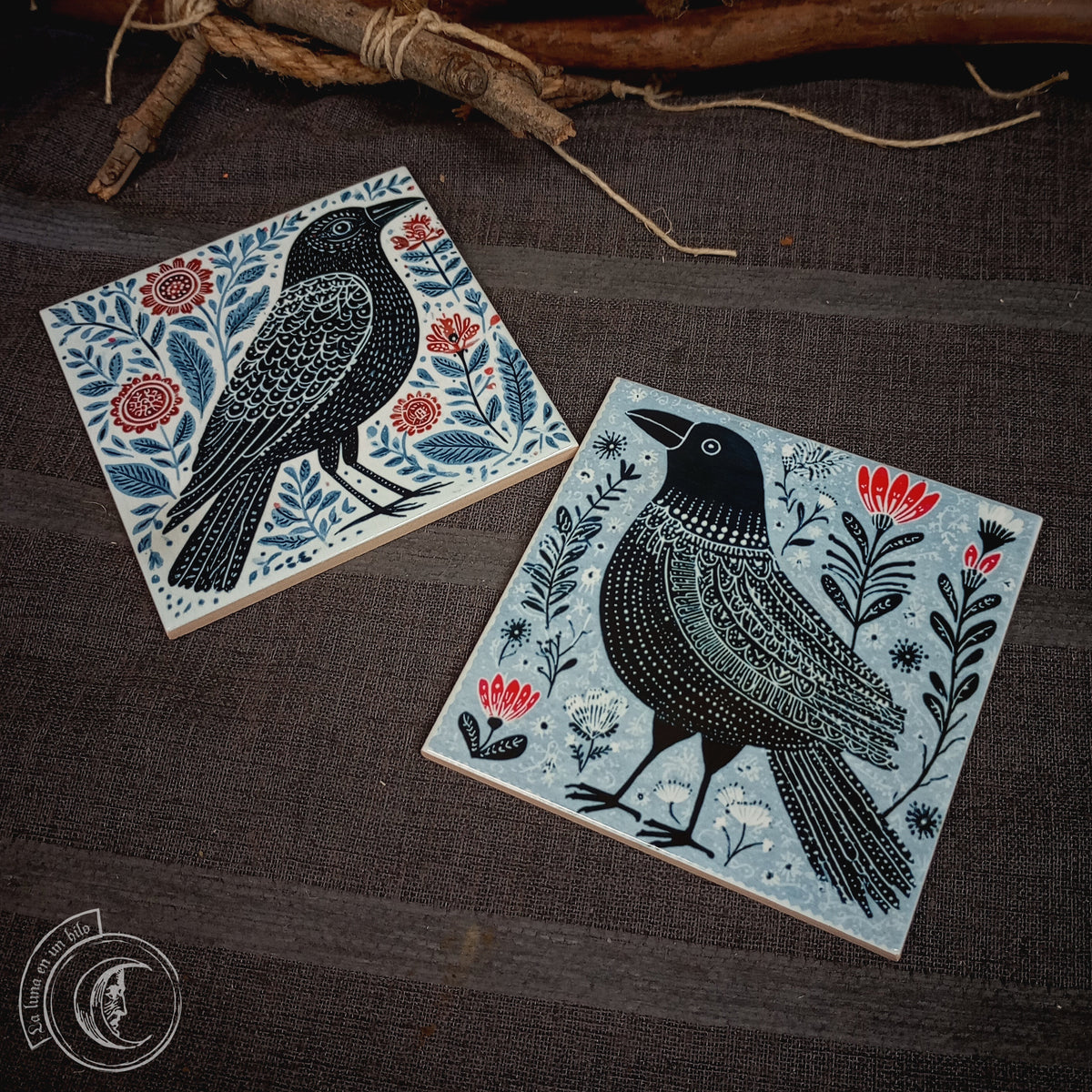 2x Carreaux en Céramique Corbeau et Corneille Art Folklorique Scandinave