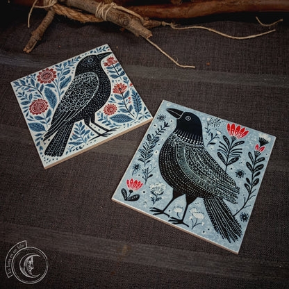 2x Carreaux en Céramique Corbeau et Corneille Art Folklorique Scandinave