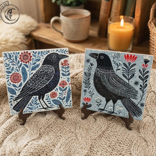2x Piastrelle in ceramica nordica con corvo e cornacchia in stile arte popolare scandinava
