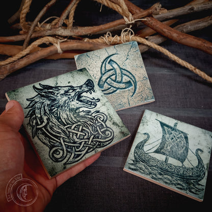 Norse Mythology Altar Tile Set of 3 - Viking Ceramic Decor