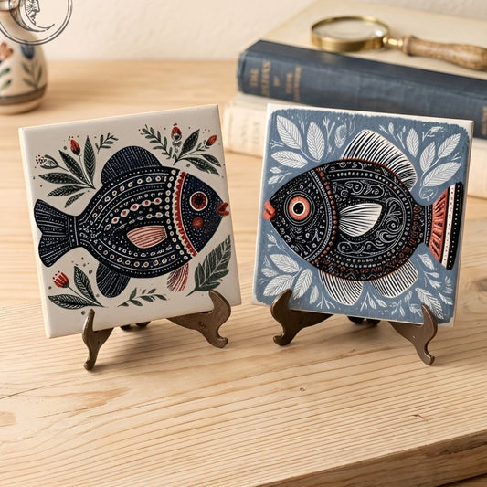 2x Piastrelle in ceramica in stile folk scandinavo con pesci nautici
