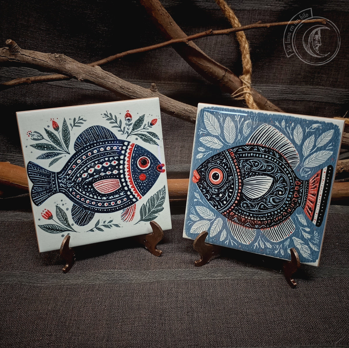 2x Piastrelle in ceramica in stile folk scandinavo con pesci nautici