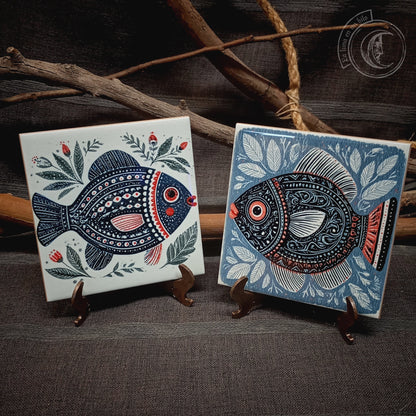 2x Piastrelle in ceramica in stile folk scandinavo con pesci nautici