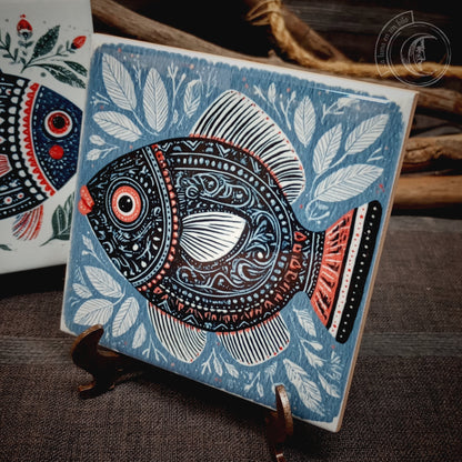 2x Piastrelle in ceramica in stile folk scandinavo con pesci nautici