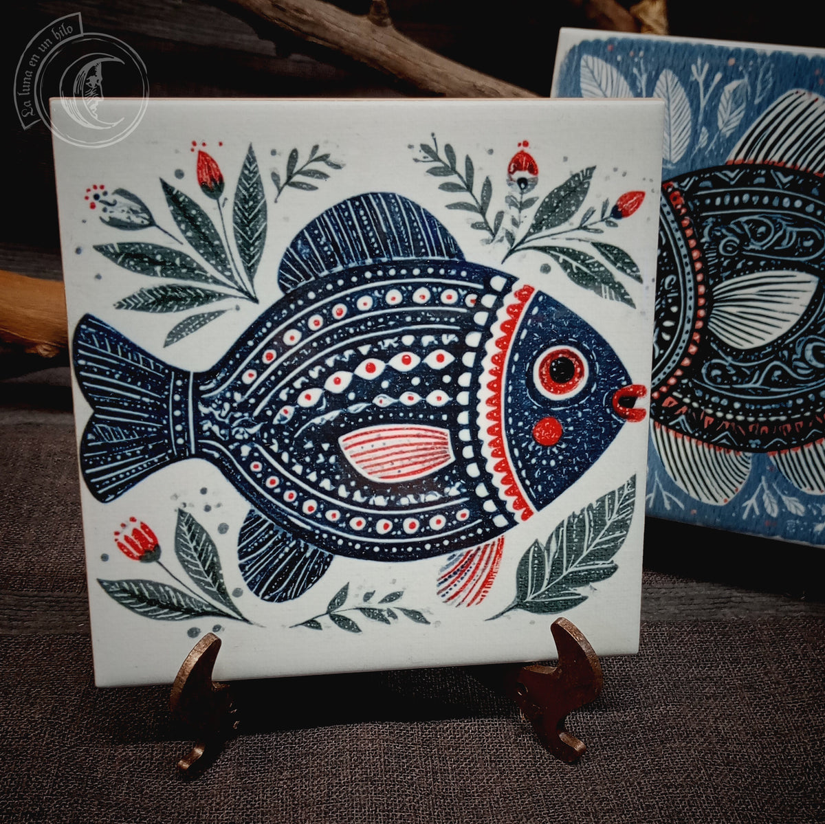 2x Piastrelle in ceramica in stile folk scandinavo con pesci nautici