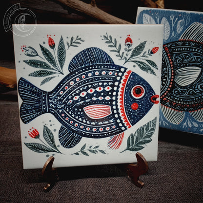 2x Piastrelle in ceramica in stile folk scandinavo con pesci nautici
