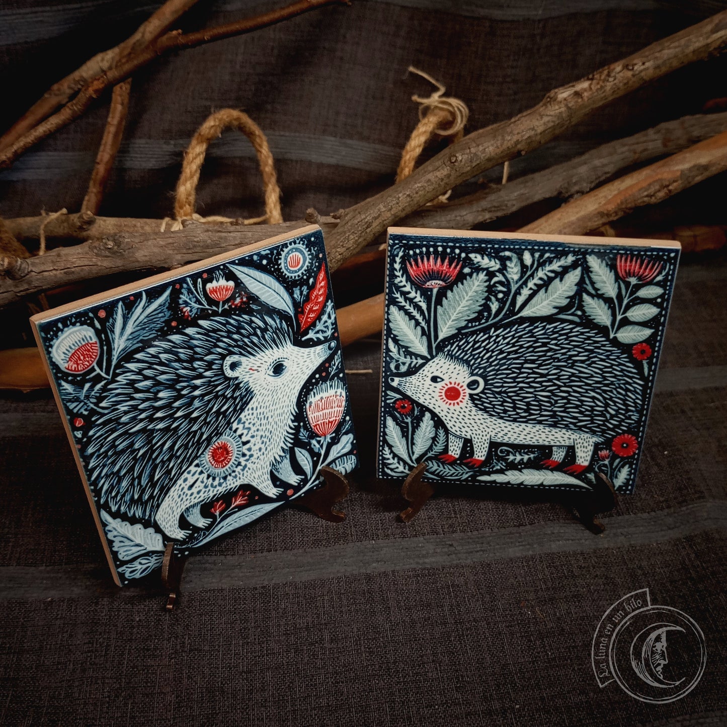 2x Scandinavian Folk Art Hedgehog Ceramic Tiles