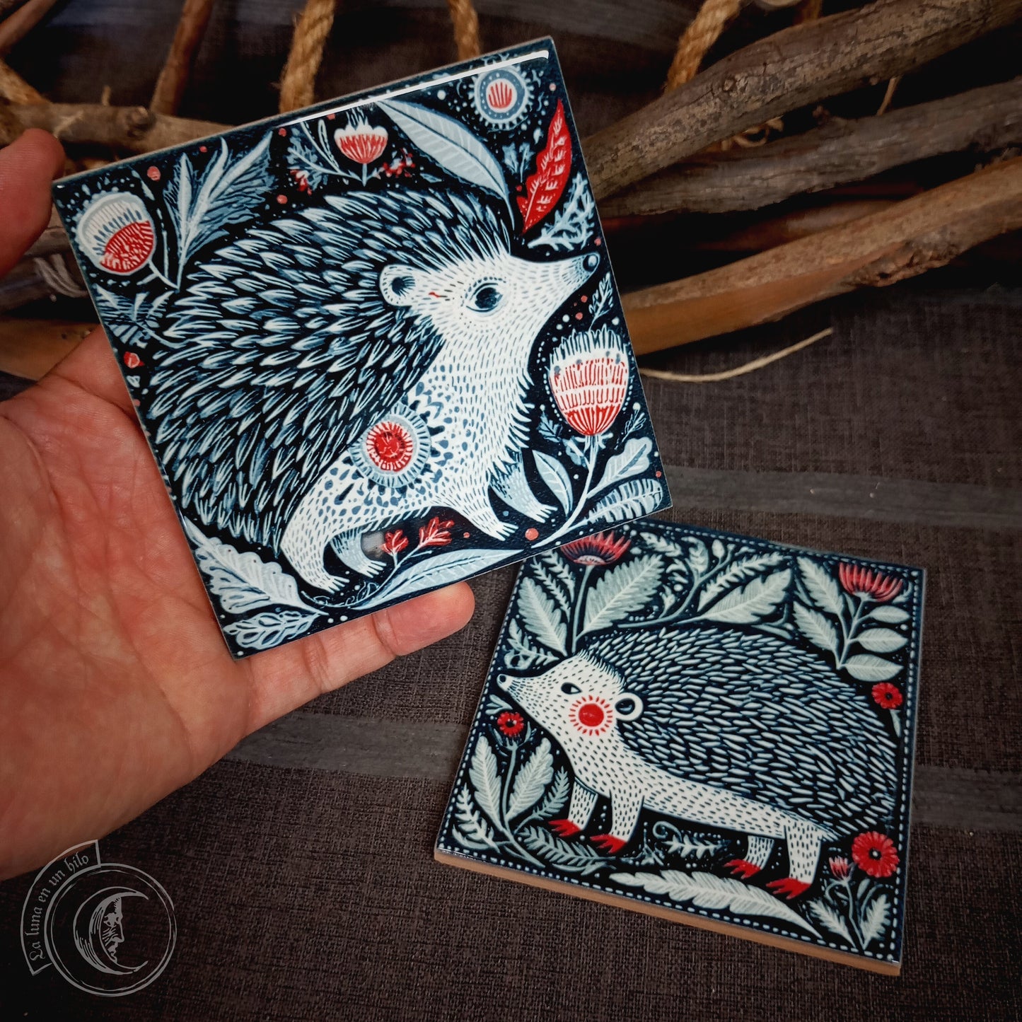 2x Scandinavian Folk Art Hedgehog Ceramic Tiles