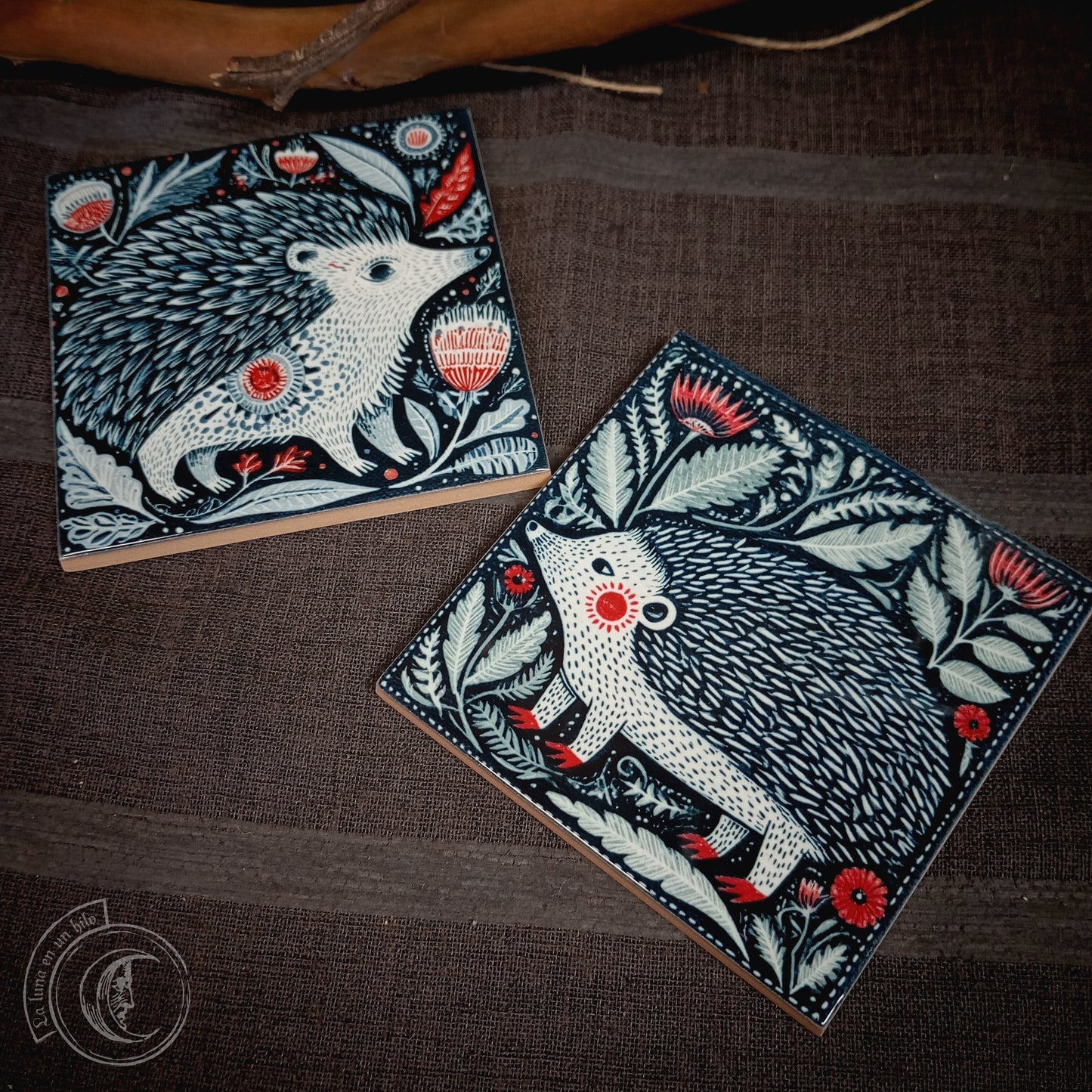2x Scandinavian Folk Art Hedgehog Ceramic Tiles