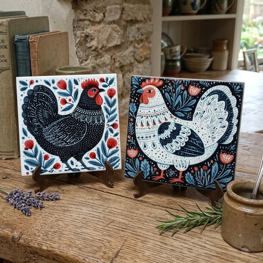 2 piastrelle in ceramica con gallina in stile folk scandinavo Cottagecore