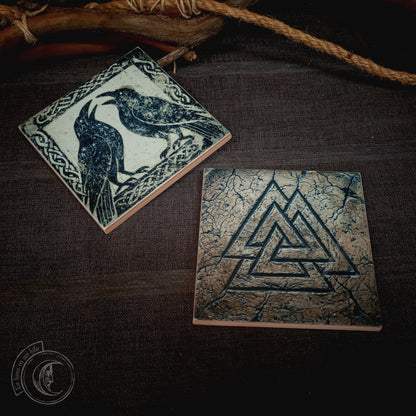 2x Viking Ceramic Tiles - Huginn and Muninn Ravens