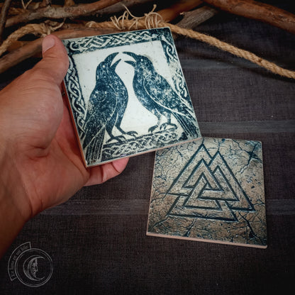 2x Viking Ceramic Tiles - Huginn and Muninn Ravens