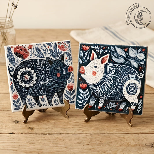 2 piastrelle in ceramica scandinave stile folk art: maiale e cinghiale