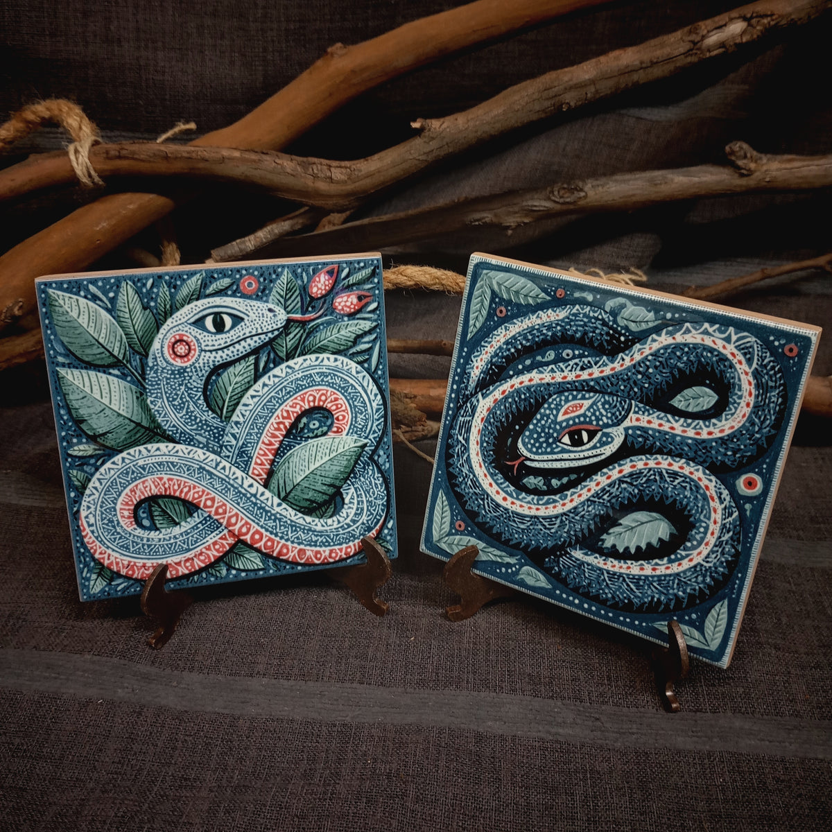 2 piastrelle in ceramica rustiche con serpente d'arte popolare messicana