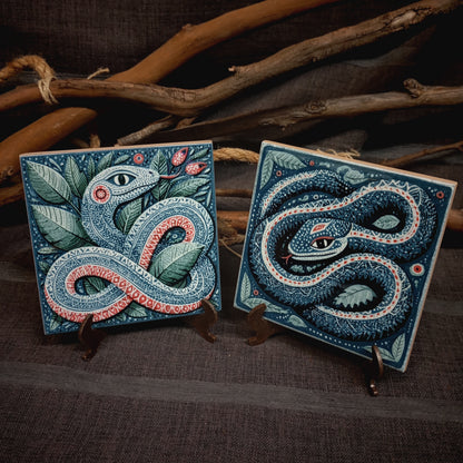 2 piastrelle in ceramica rustiche con serpente d'arte popolare messicana
