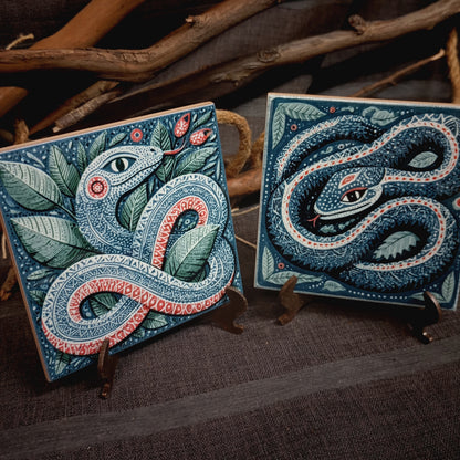 2 piastrelle in ceramica rustiche con serpente d'arte popolare messicana