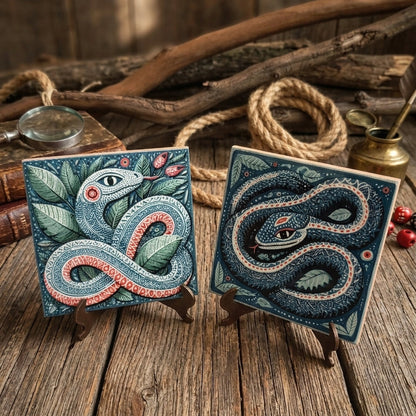 2 piastrelle in ceramica rustiche con serpente d'arte popolare messicana